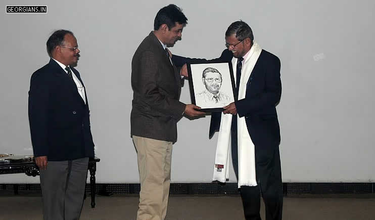 "To Sir - With Love" - Amarjeet Malik presenting S.K. Lal Sir with a sketch in Ashoka Auditorium, Manekshaw Centre, New Delhi. In picture we also have Dharmender S Yadav.